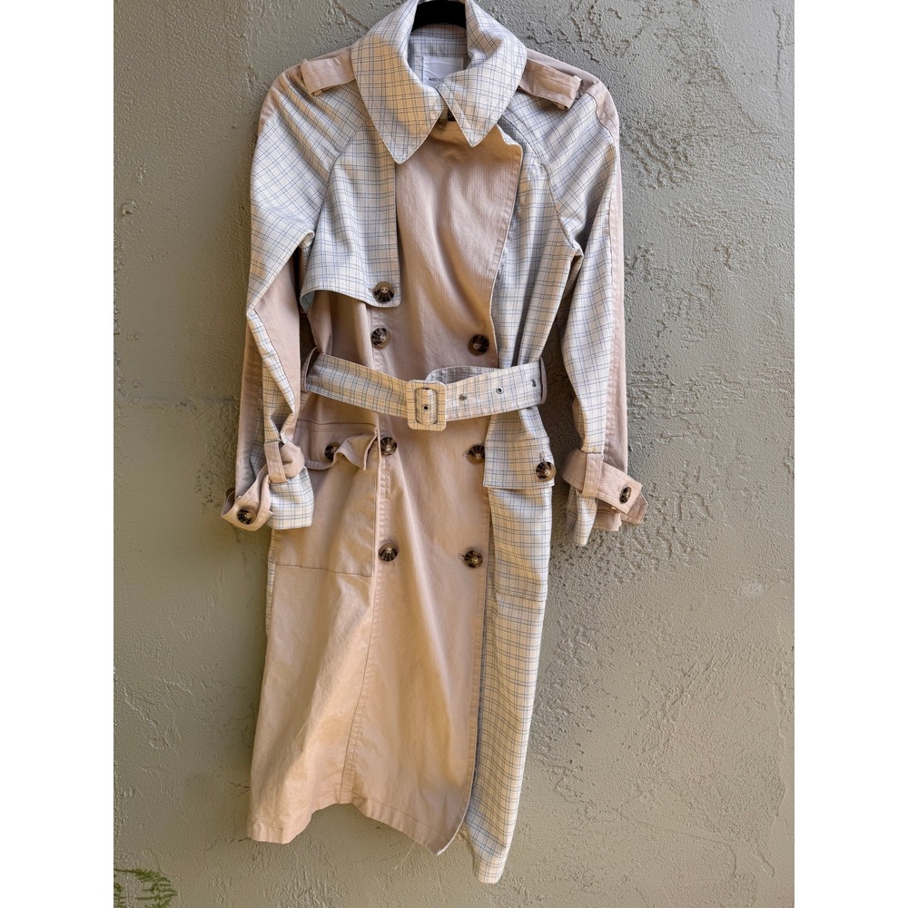 Avec Les Filles Beige and Cream Plaid Trench Coat
